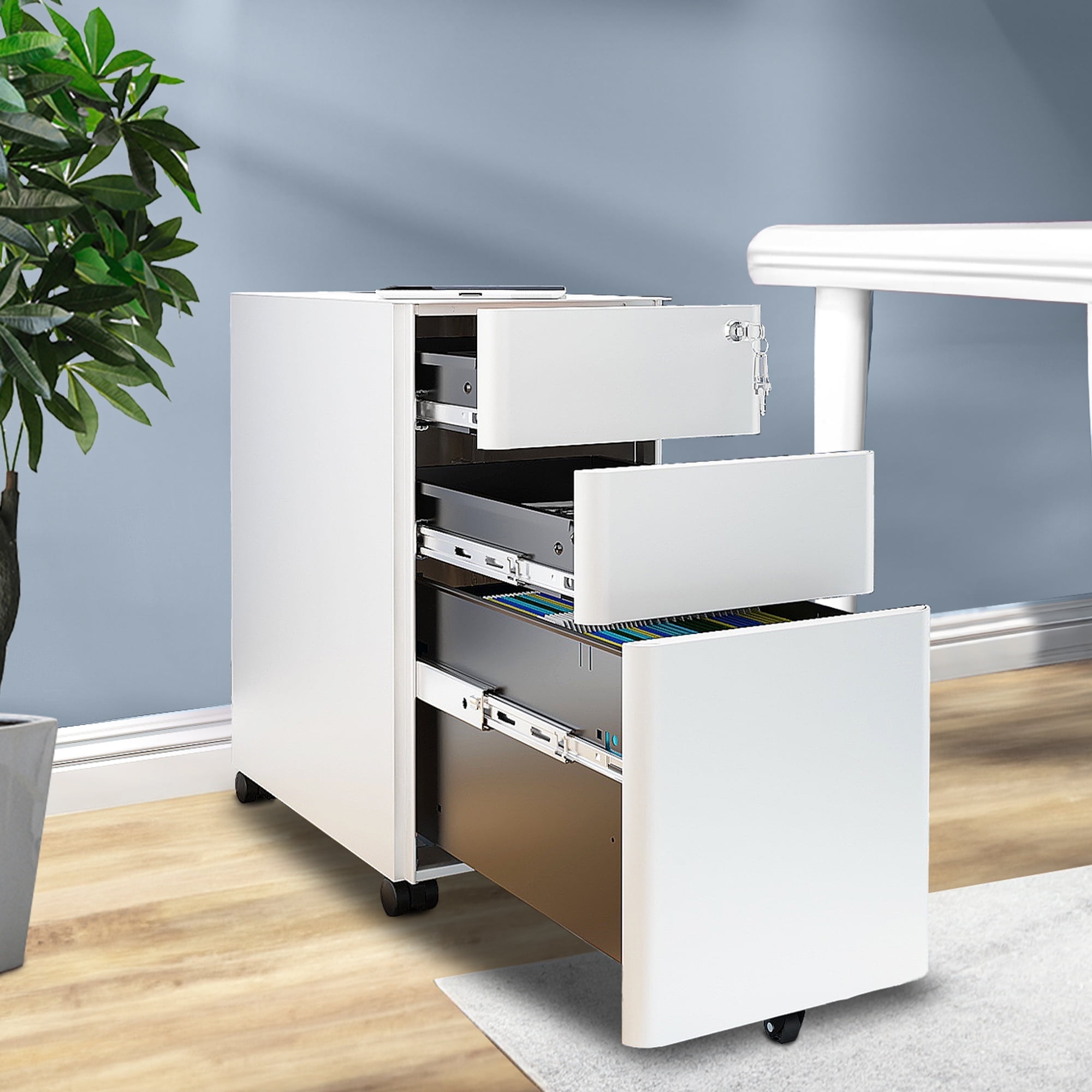 Dextrus 3-Compartment Secure Locking File Cabinet, Mobile Steel Office Document Storage, Suitable for Legal/Letter Sized Files, Pre-Built Cabinet for Under-Desk Placement, White