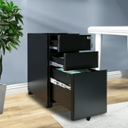 Dextrus 3-Compartment Secure Locking File Cabinet, Mobile Steel Office Document Storage, Suitable for Legal/Letter Sized Files, Pre-Built Cabinet for Under-Desk Placement, Black