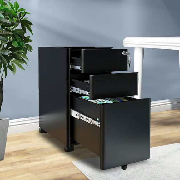 Dextrus 3-Compartment Secure Locking File Cabinet, Mobile Steel Office Document Storage, Suitable for Legal/Letter Files, Pre-Built
