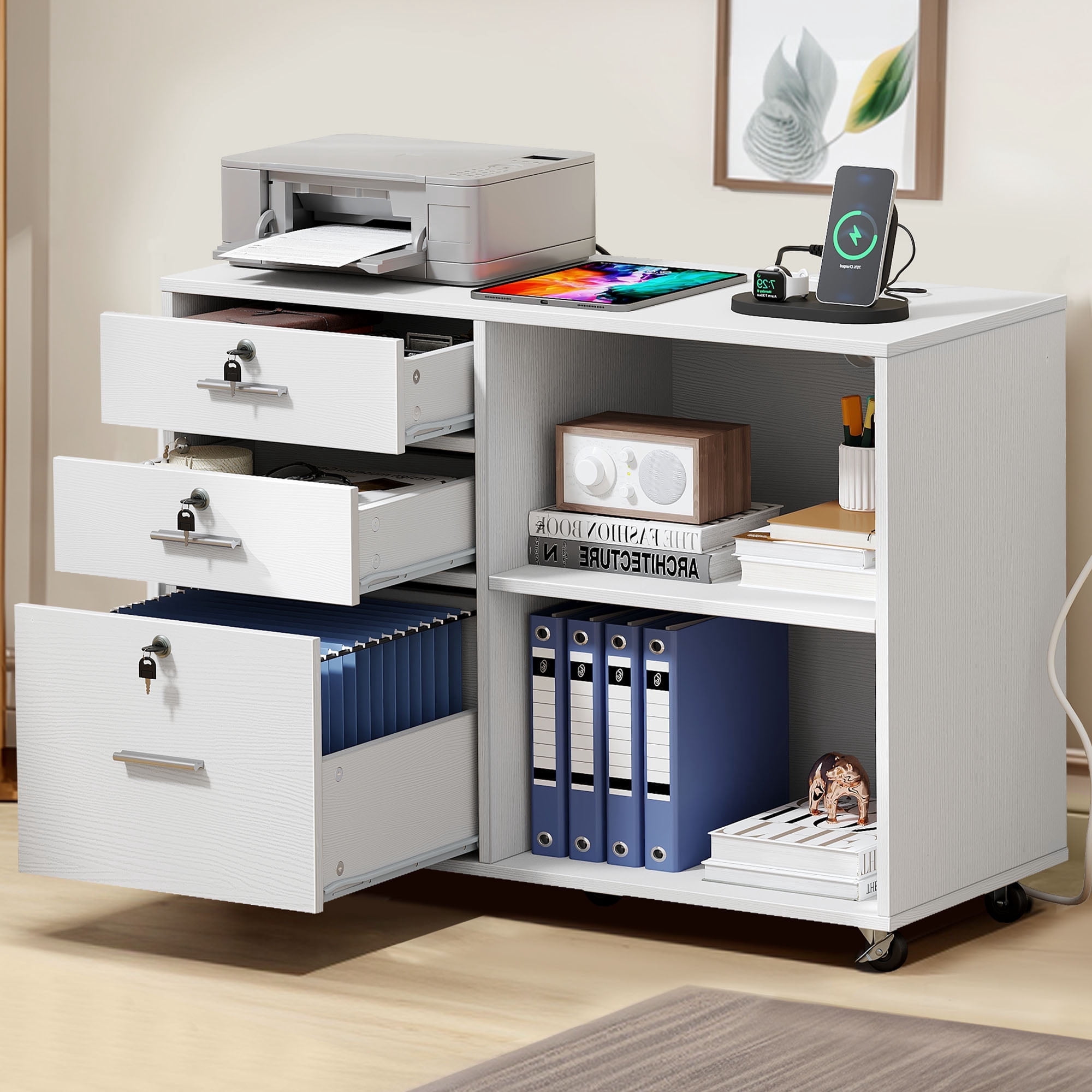 Dextrus 3 Drawer File Cabinet with Charging Station and Lock, Mobile Lateral Filing Cabinet Rolling Printer Stand for Office, White