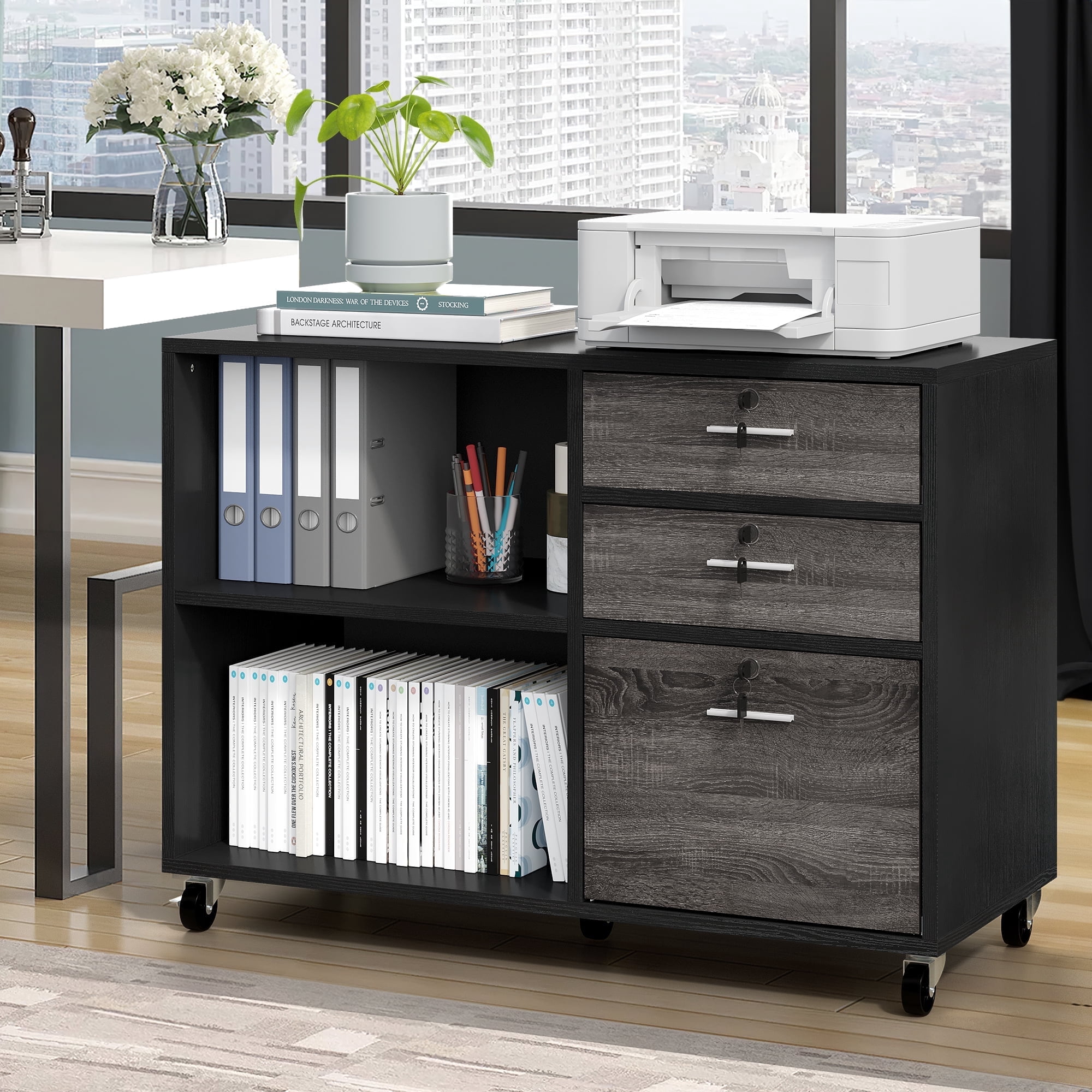 Dextrus 3-Drawer Wood File Cabinet with Lock, Mobile Lateral Filing Cabinet Rolling Printer Stand for Office, Black