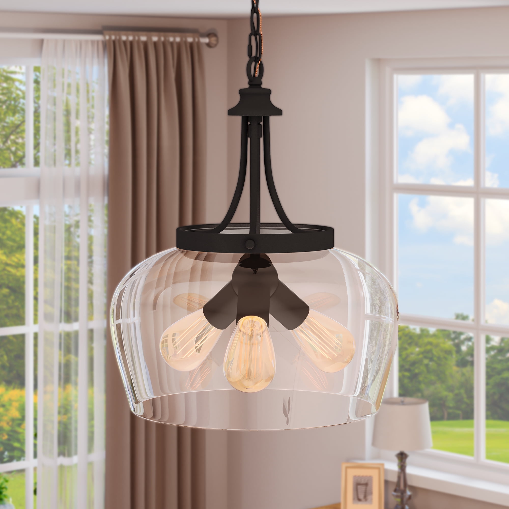 Matte Black 3-Light Pendant with Clear Glass Shade