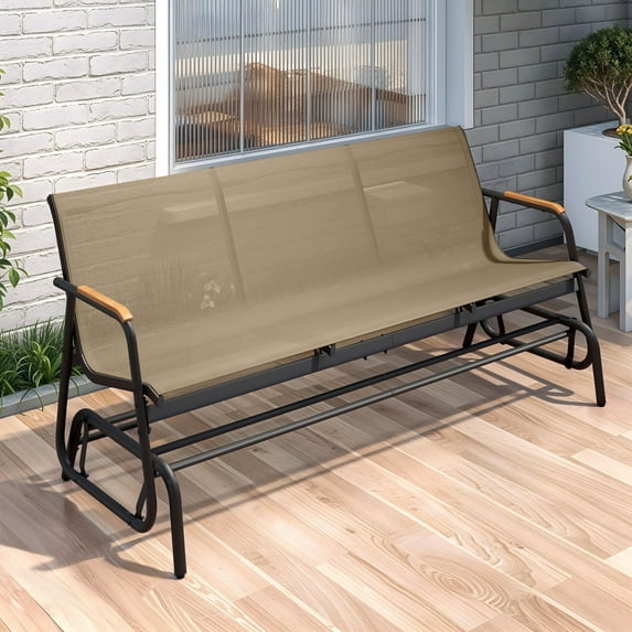 Dextrus 3-Person Outdoor Glider Bench, Patio Double Swing Rocking Chair Loveseat w/Powder Coated Steel Frame for Backyard Garden Porch, Brown