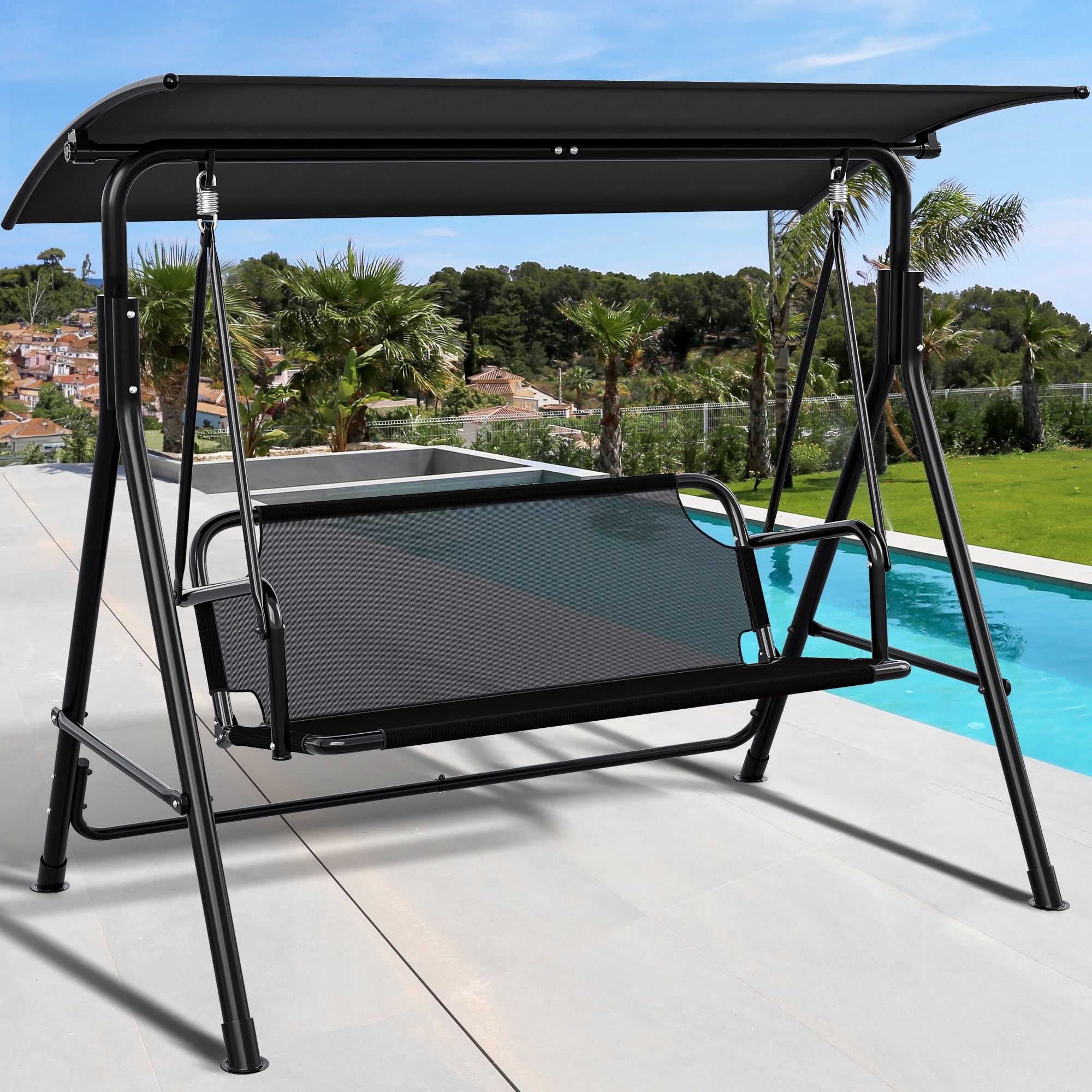 Dextrus 3-Person Outdoor Swing Chair with Canopy, Heavy-Duty Steel Frame, Weather-Resistant, Black