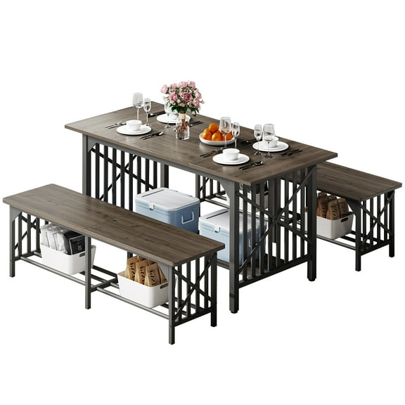 Dextrus 3-Piece Dining Room Set, Industrial Kitchen Table Set with Rectangular 63"Dining Table and Dining Bench with Metal Frame - Gray