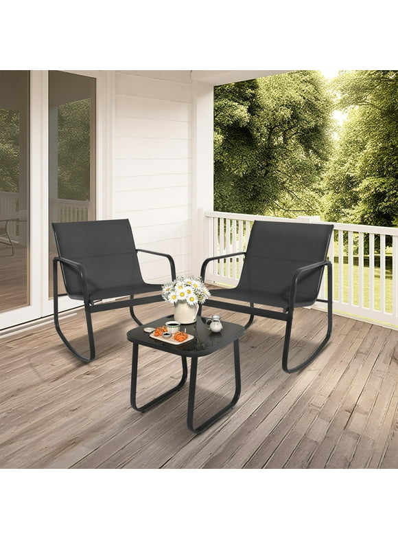 Dextrus 3-Piece Outdoor Patio Bistro Furniture Set, Rocking Chair Set - 2 Rocking Chairs with Glass Coffee Table - Black