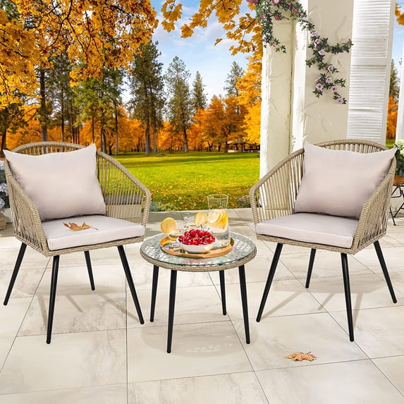 Dextrus 3-Piece Outdoor Patio Furniture Wicker Bistro Set, All-Weather Rattan Conversation Chairs for Backyard, Balcony and Deck with Soft Cushions, Glass Side Table Gray