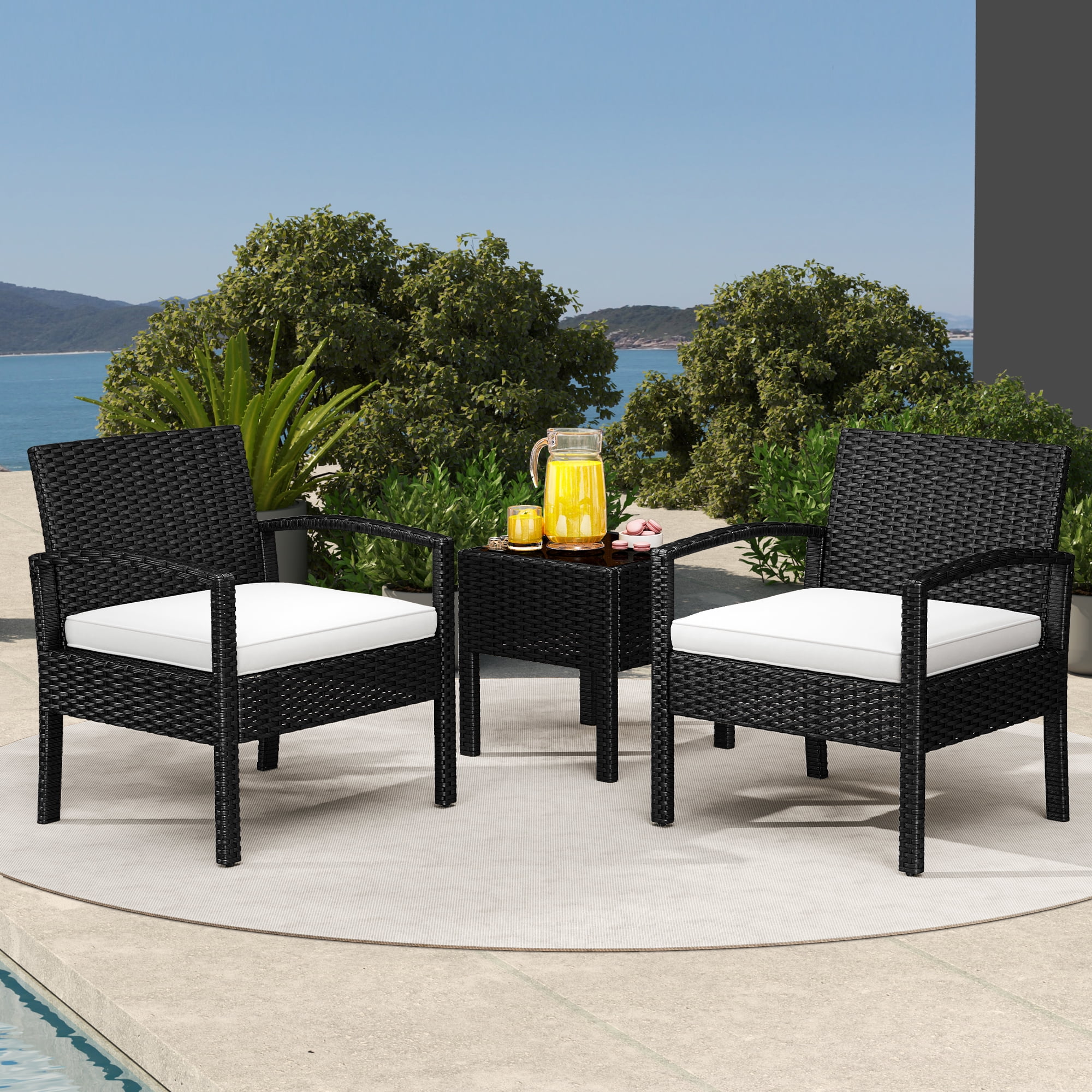 Lacoo 3pc Patio Set with PE Rattan Bistro Chairs Coffee Table Black Walmart