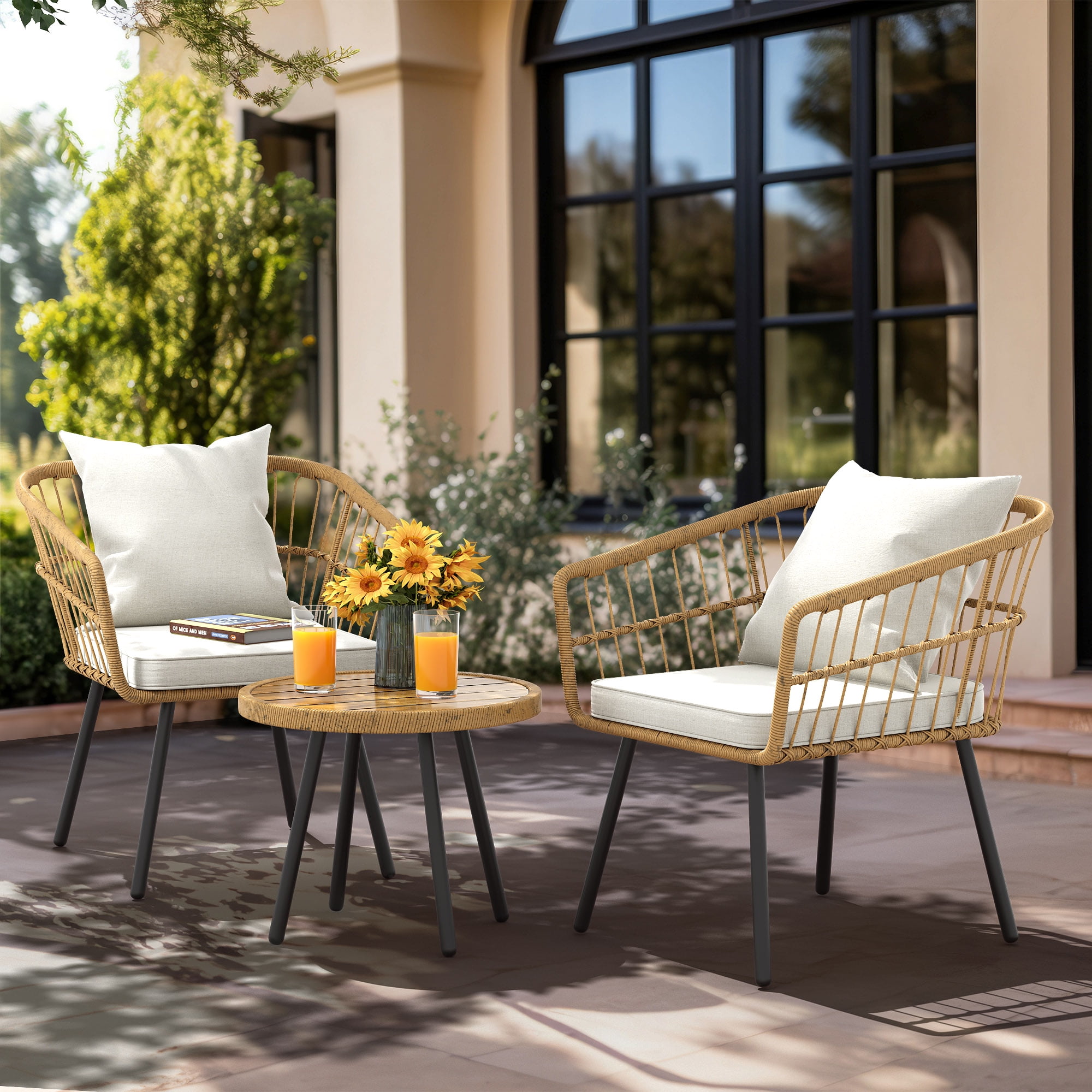 Dextrus 3 Piece Outdoor Wicker Furniture Patio Bistro Set, PE Rattan Wicker Chairs Set with