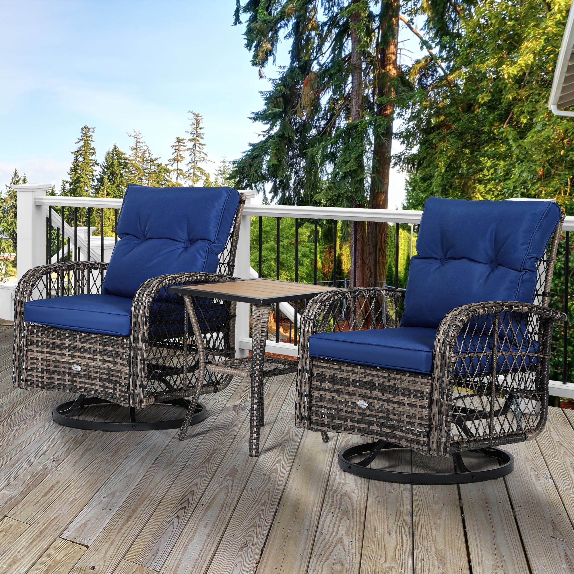 Dextrus 3 Piece Patio Outdoor Swivel Glider Rocker Wicker Bistro Set Rocking Furniture Conversation Chairs for Garden Backyard and Balcony Perfect for Relaxing and Socializing Outdoors Navy Blue Walma...