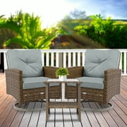 Dextrus 3-Piece Patio Outdoor Wicker Bistro Rocking Furniture Conversation Chairs for Garden, Backyard and Balcony (Tan Chairs + Dark Gray Cushions)