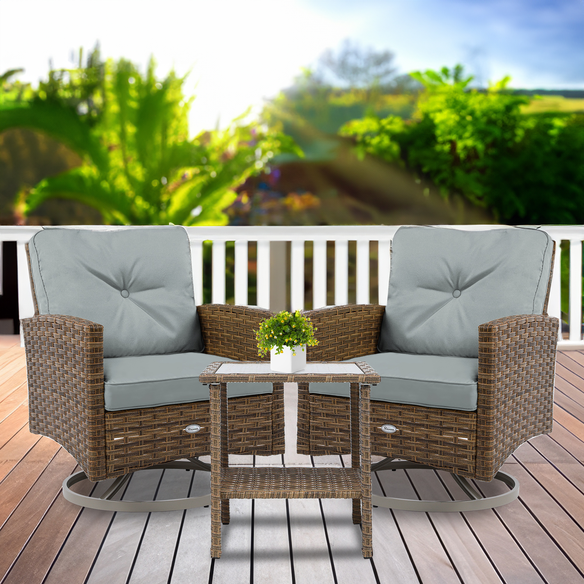 Dextrus 3 Piece Rattan Rockers Set Outdoor Wicker Bistro Furniture Tan Chairs Dark Gray Cushions Walmart