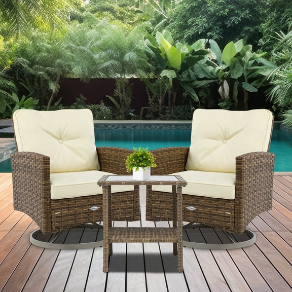 Dextrus 3-Piece Wicker Patio Set, Tan Swivel Rocking Chairs with Off-White Cushions & Side Table, Ideal for Garden, Backyard & Balcony