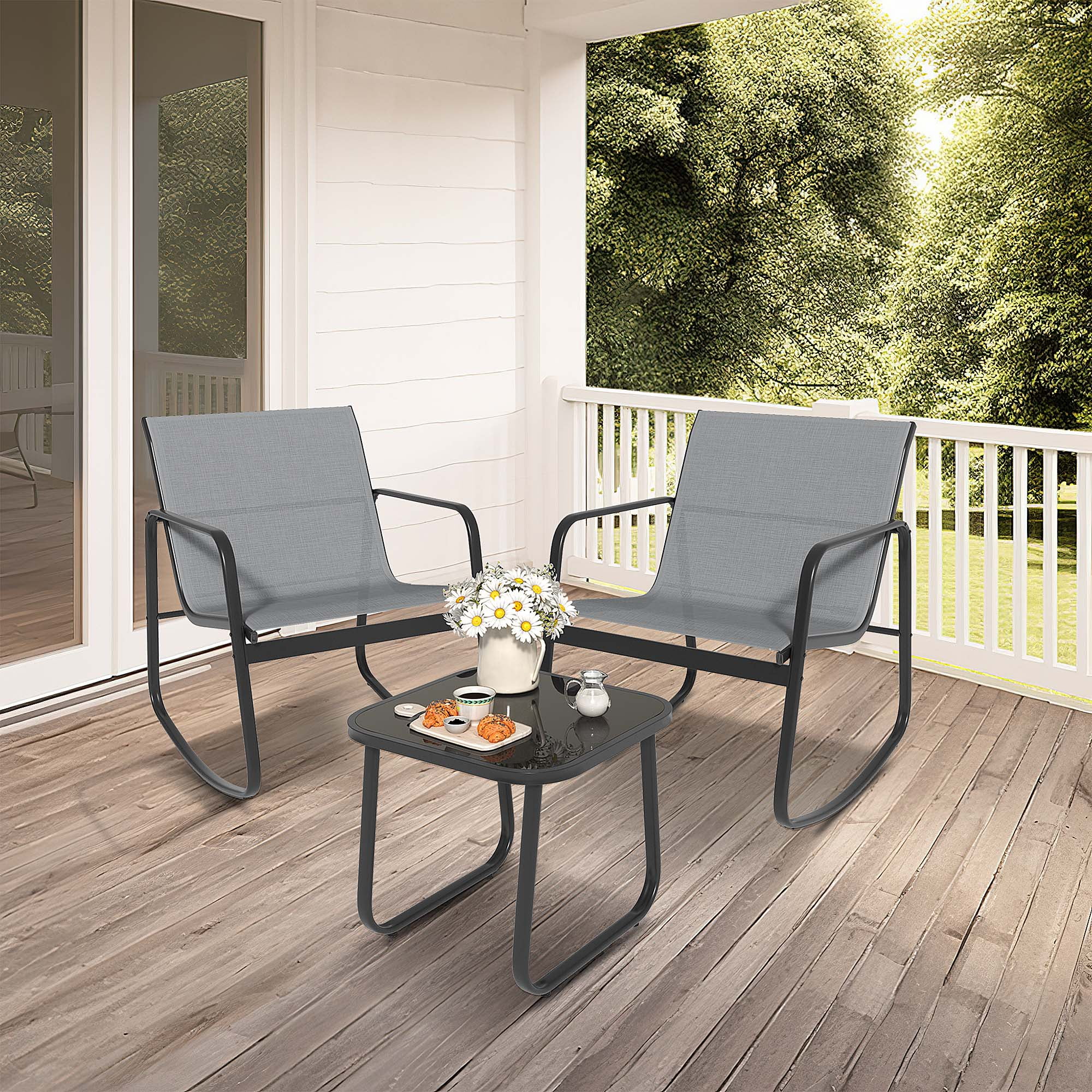 Dextrus 3 Pieces Outdoor Rocking Bistro Set 2 Rocking Chairs with