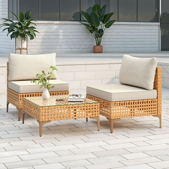 Dextrus 3 Pieces Wicker Patio Furniture Conversation Set of 2 Outdoor Sectional Sofa Chairs with cushions and Solar Light Coffee Table