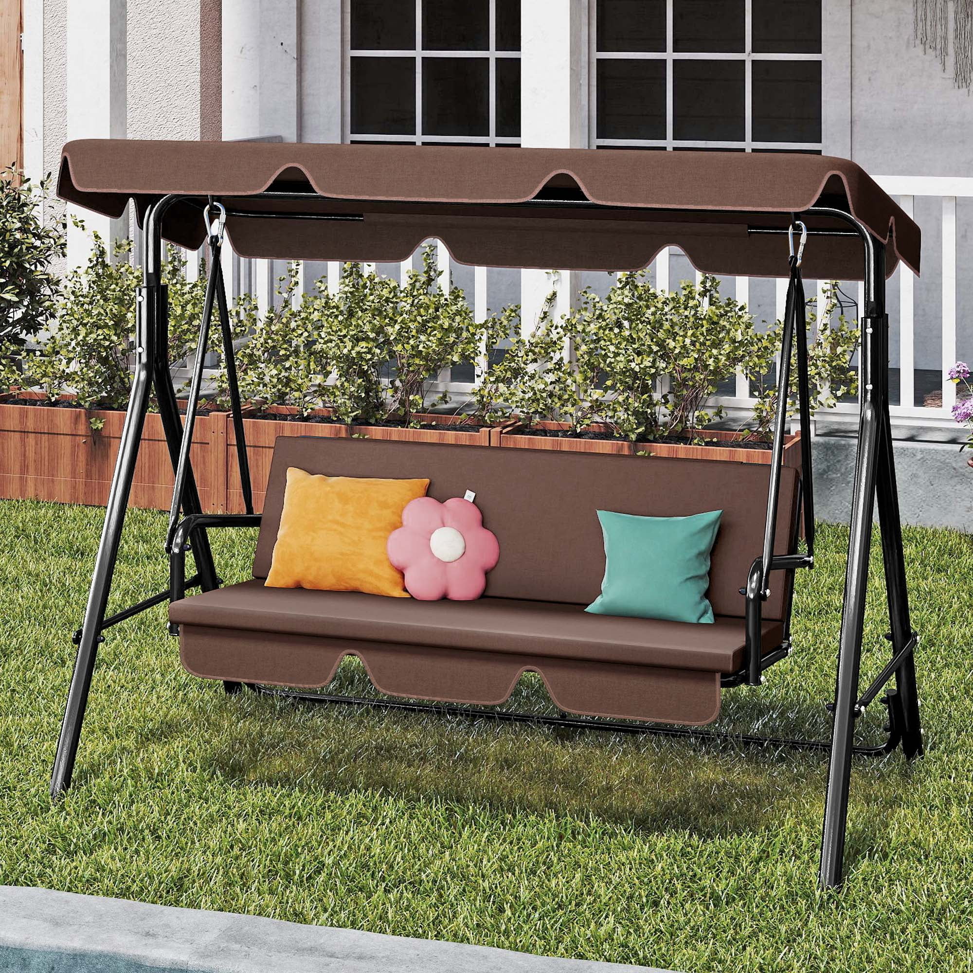 Dextrus 3-Seat Porch Swing with Stand Adjustable Canopy Soft Cushion Outdoor Heavy Duty Patio Swing Chair , Brown