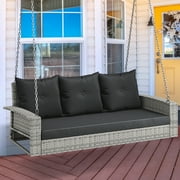 Dextrus 3-Seats Wicker Hanging Porch Swing Chair Outdoor Gray Rattan Patio Swing Lounge 3 Back Cushions Capacity for Garden, Balcony, Living Room, Gray Rattan Black Cushion