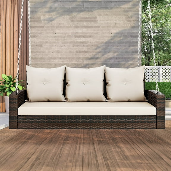 Dextrus 3-Seats Wicker Hanging Porch Swing Chair Outdoor Gray Rattan Patio Swing Lounge 3 Back Cushions Capacity for Garden, Balcony, Living Room