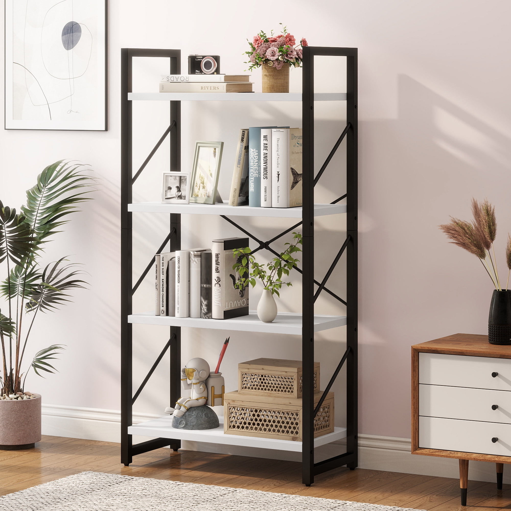 Dextrus 3-Tier Bookshelf, Ladder Bookcase, Industrial Freestanding Book Shelf Modern Open Display Storage Organizer Book Shelves for Bedroom, Living Room and Home Office, Black and White