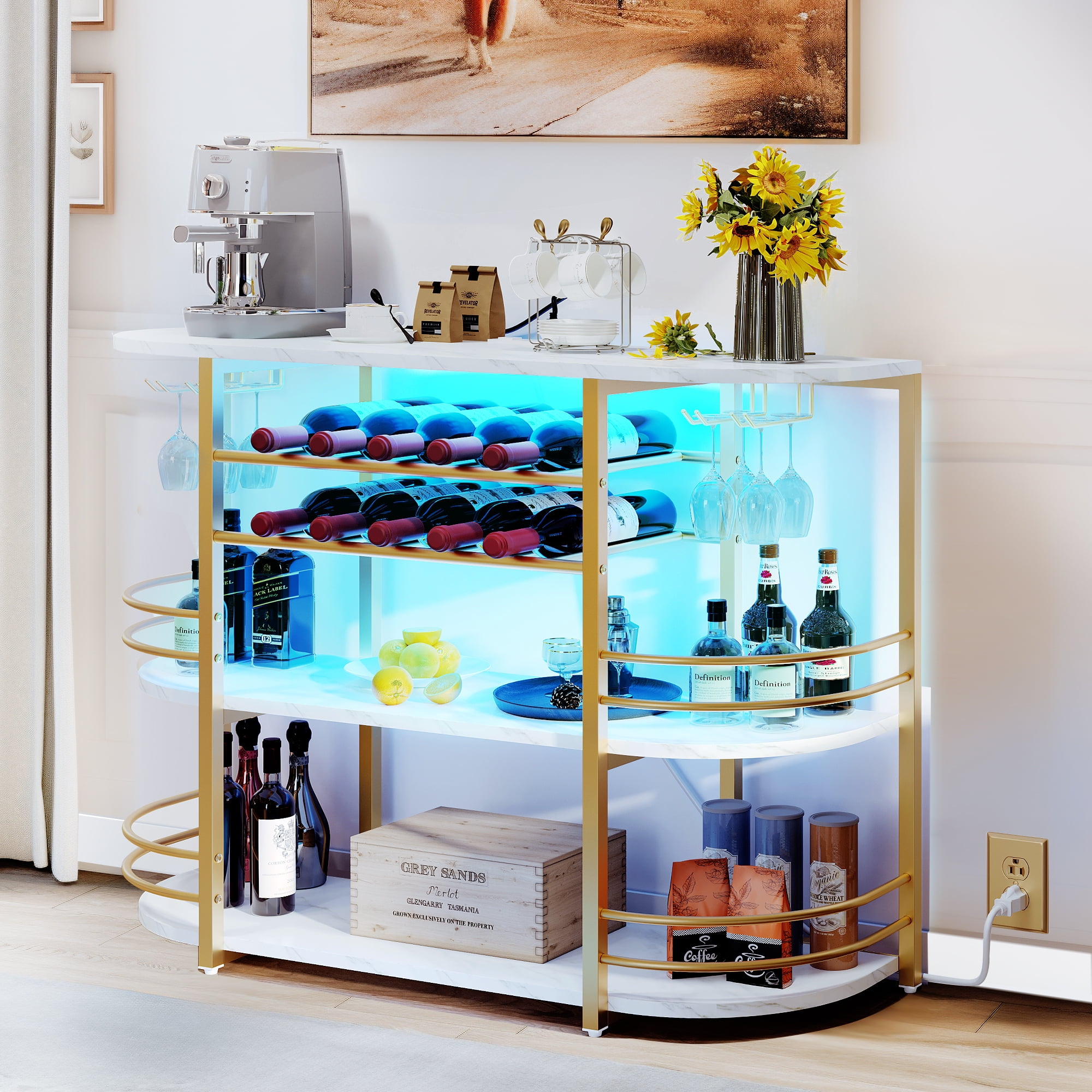 Free Shipping Dextrus Home Bar Unit with Power Outlets 47 Mini Bar Cabinet with Wine Rack LED Lights White Walmart