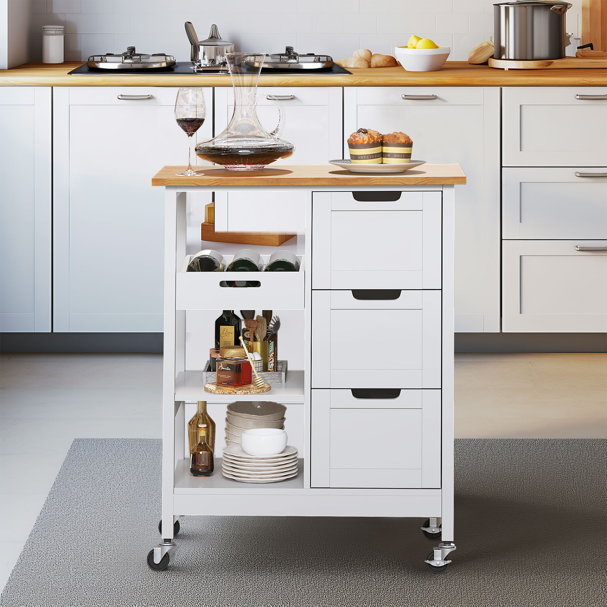 Mainstays Industrial Kitchen Island Cart with Shelves, White Finish