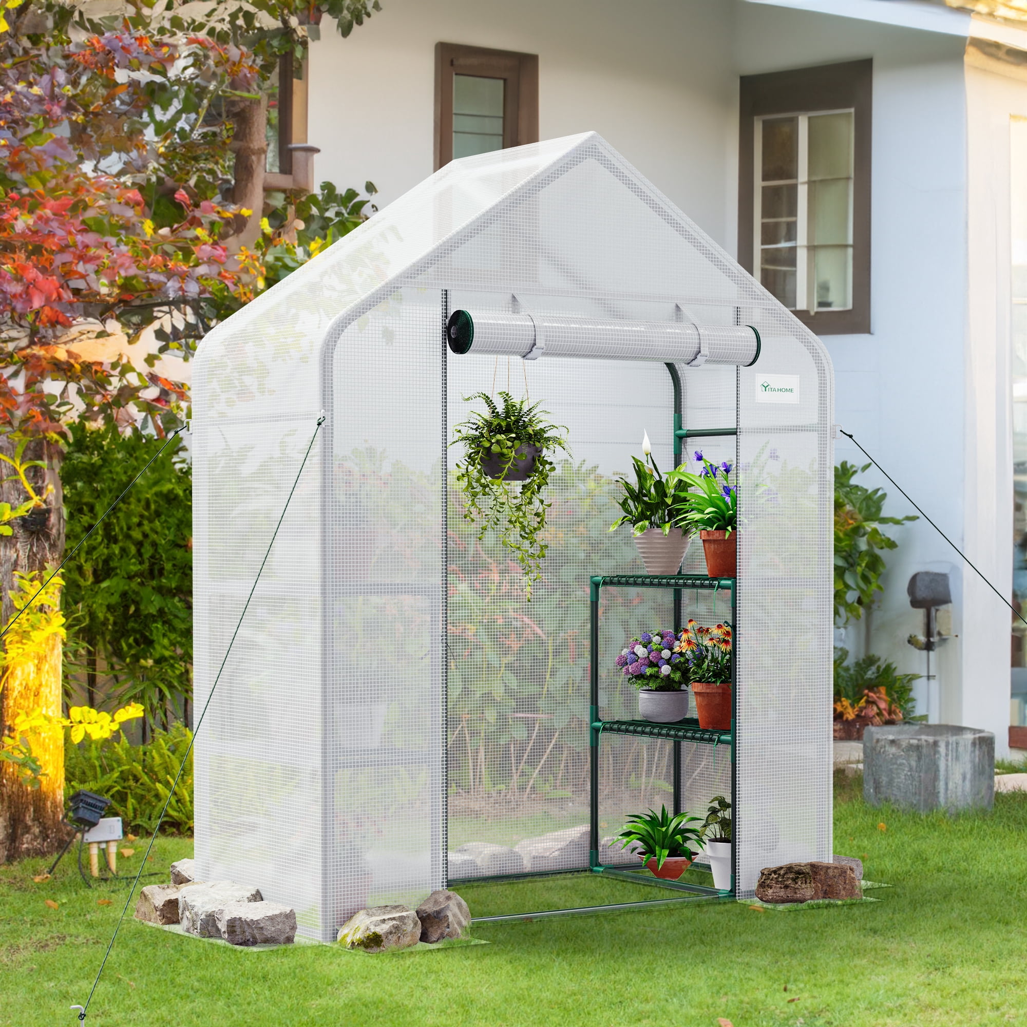 6-Shelf Walk-in Greenhouse With 3 Tiers - Portable Mini Garden House, Steel & PE, 6.7ft Tall