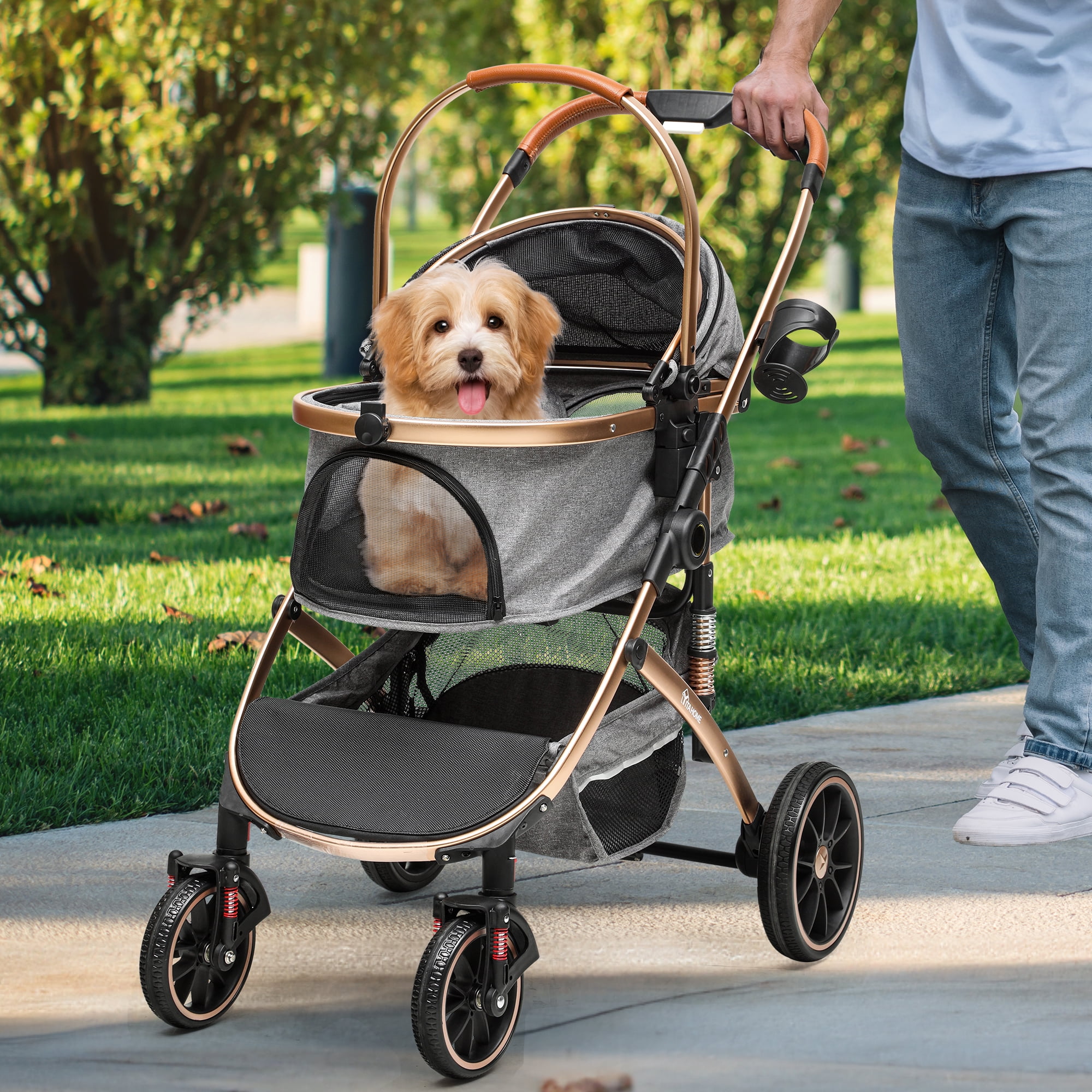 Dextrus 3-in-1 Dog Stroller with Detachable Storage Basket, Foldable Design & 360° Rotating Wheels – Ideal Pet Stroller for Small to Medium Dogs and Cats, Grey