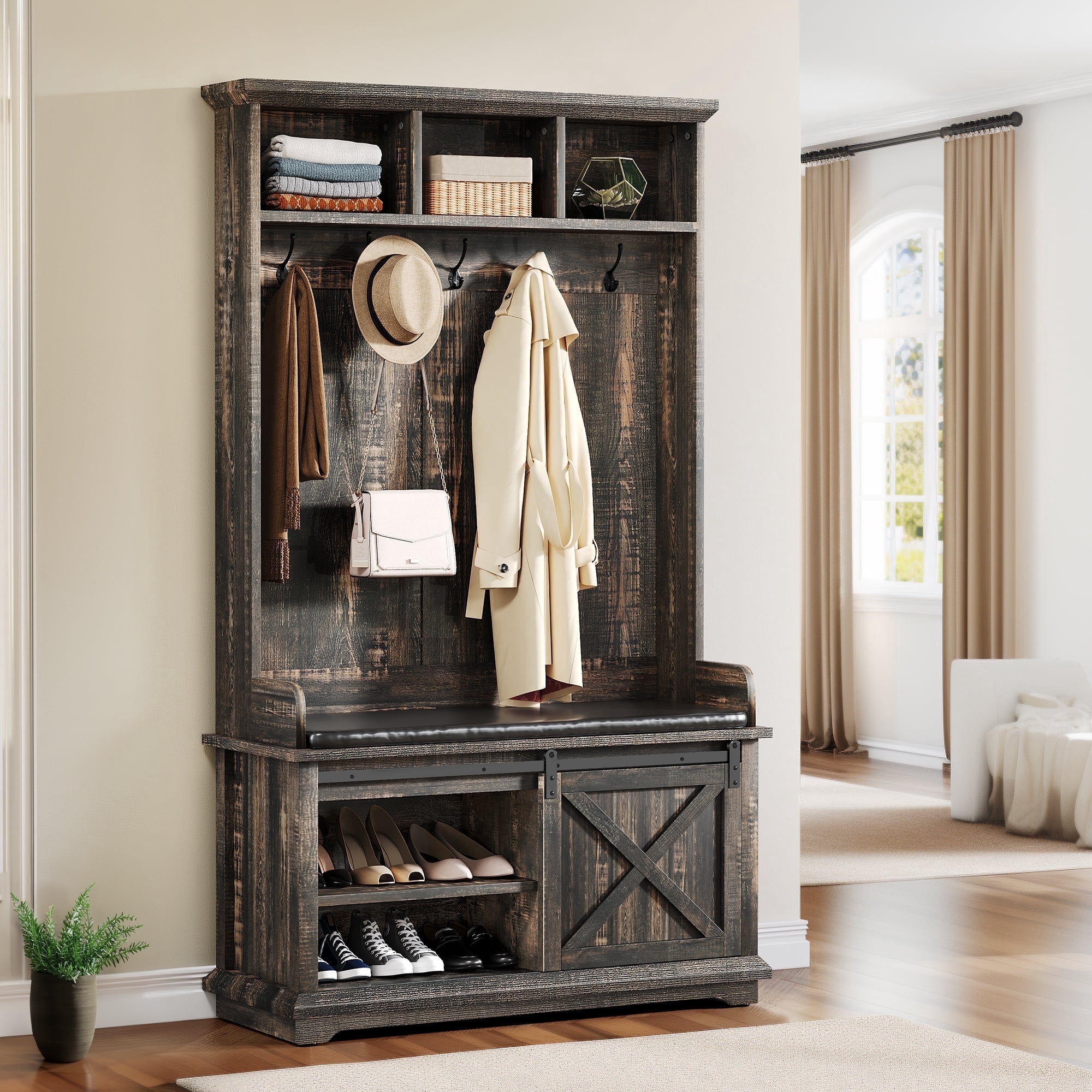 Dextrus Entryway 3-in-1 Farmhouse Coat Rack, 14 Hooks Hall Tree