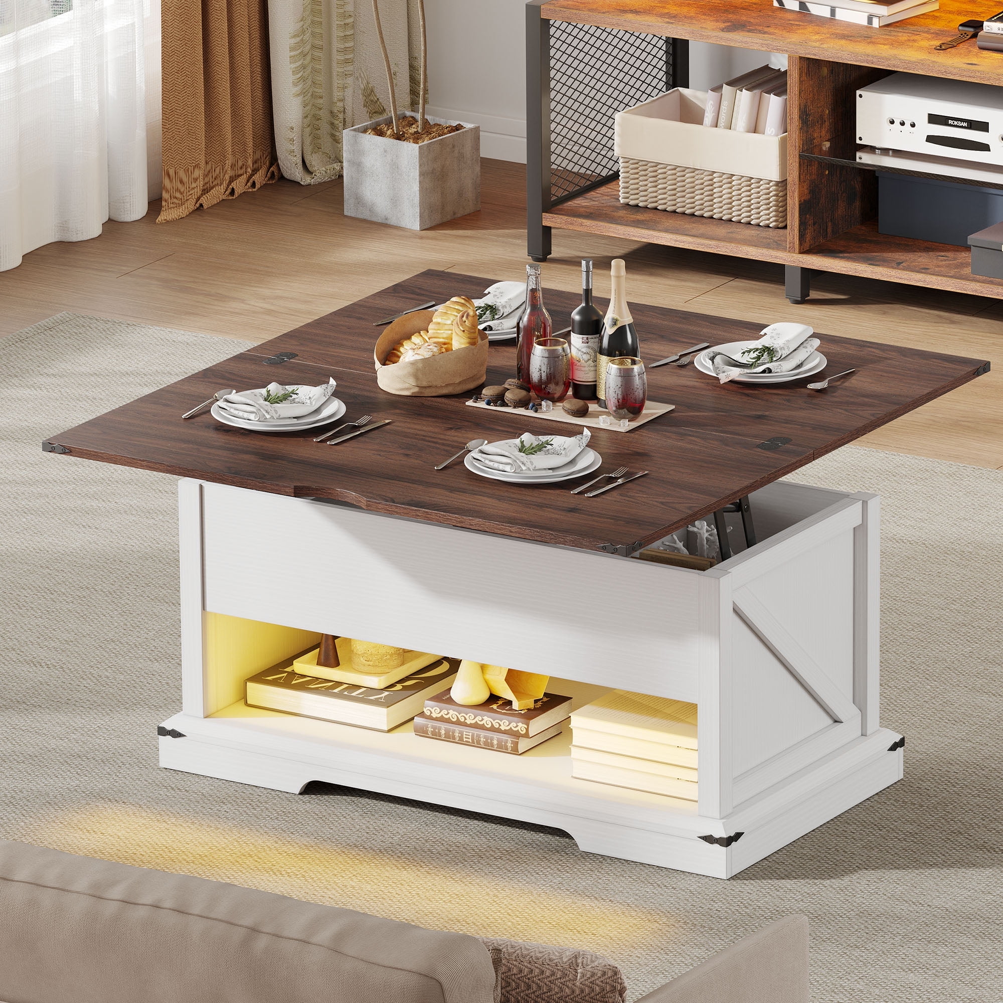 Dextrus 3 in 1 Lift Top Coffee Table, Farmhouse Center Tables with LED