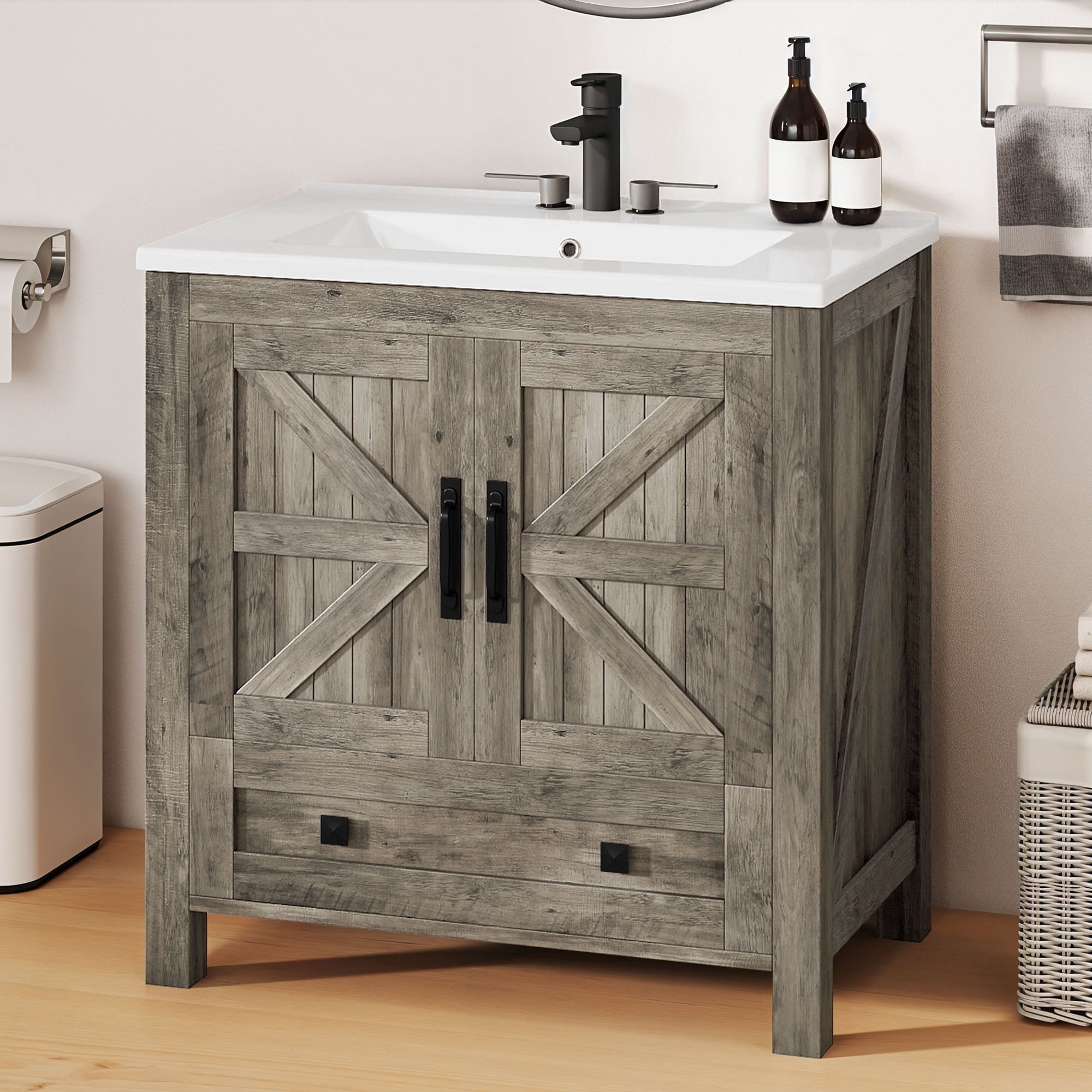 Dextrus 30" Bathroom vanity with Sink Top, Farmhouse Bathroom Storage Cabinet with Drawers, Gray