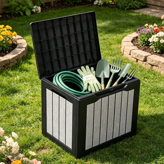 Dextrus 30 Gallon All Weather Resin Storage Deck Box, Lockable Outdoor Patio Bench, Waterproof Organizer for Garden Tools, Pool Essentials and Outdoor Cushions, Black and Gray