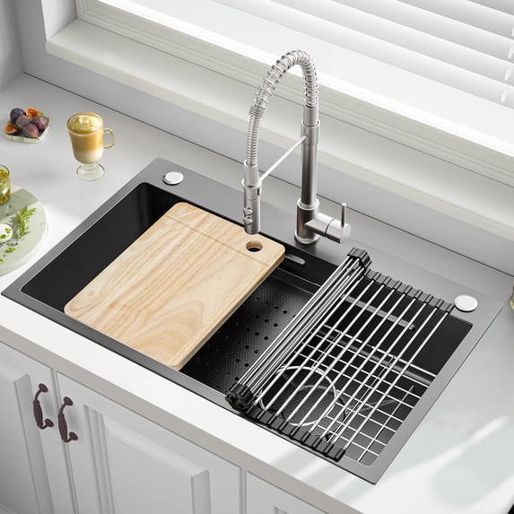 Dextrus 30-Inch Drop-In Kitchen Sink,Stainless Steel Workstation with Single Bowl, Nano Coated Surface, Cutting Board, Strainer, and Accessories