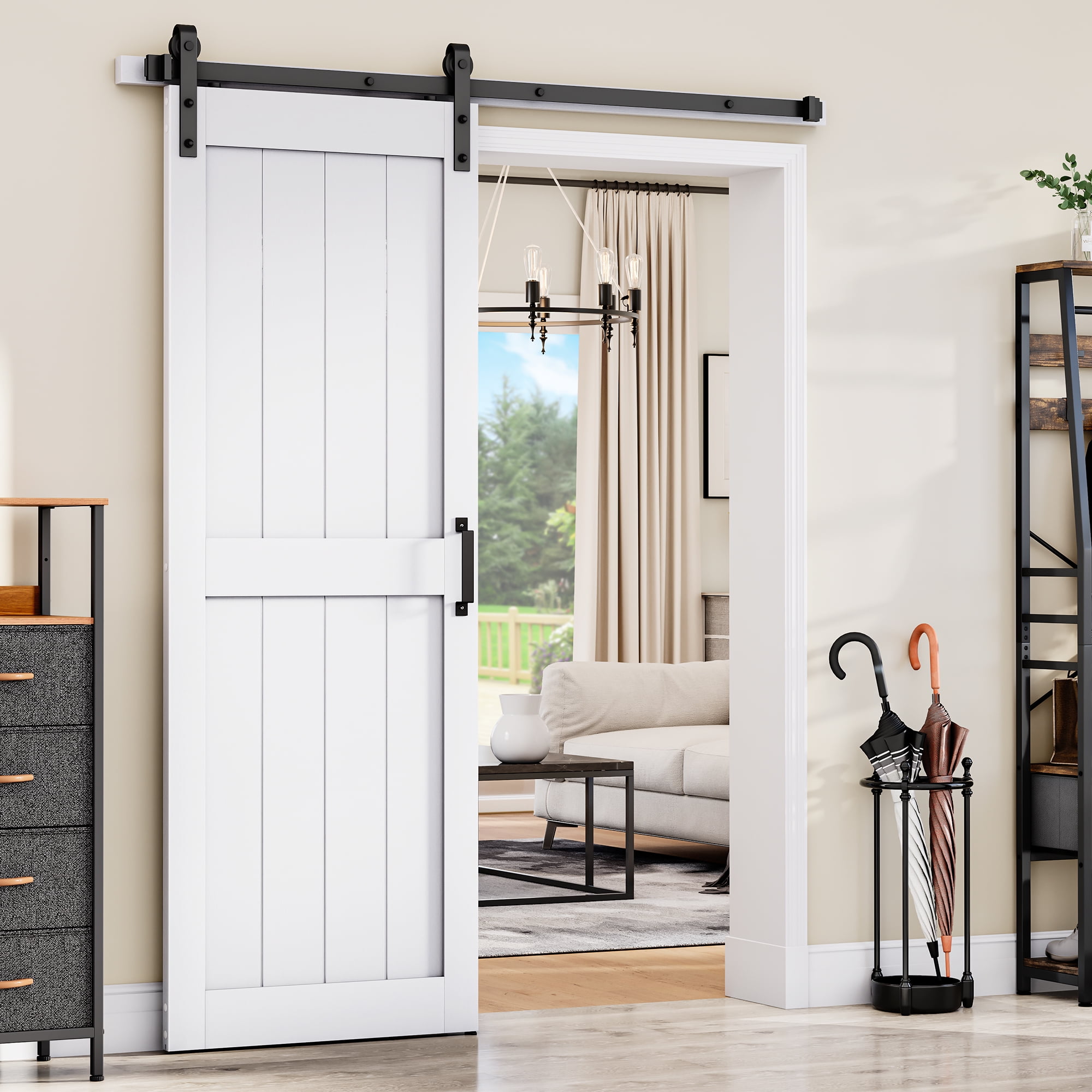 White 30" x 84" Primed MDF Barn Door Kit with Black Hardware