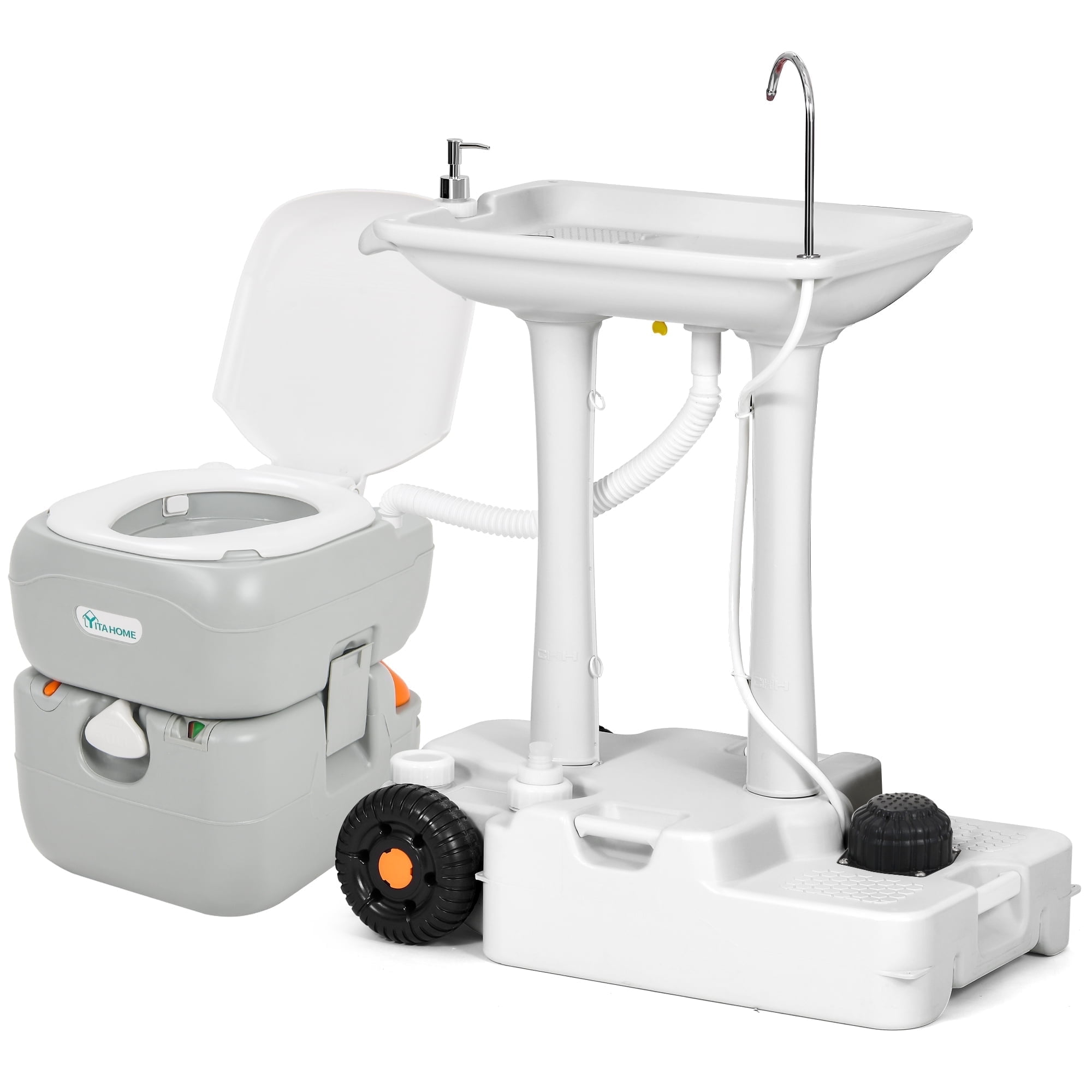 DEXTRUS 30L Portable Sink for Washing Hands and 5.8 Gallon RV Camping Toilet Combo with Level Indicator and Rotatable Spout for Outdoor, Indoor, Travel, Boat, Worksite, White