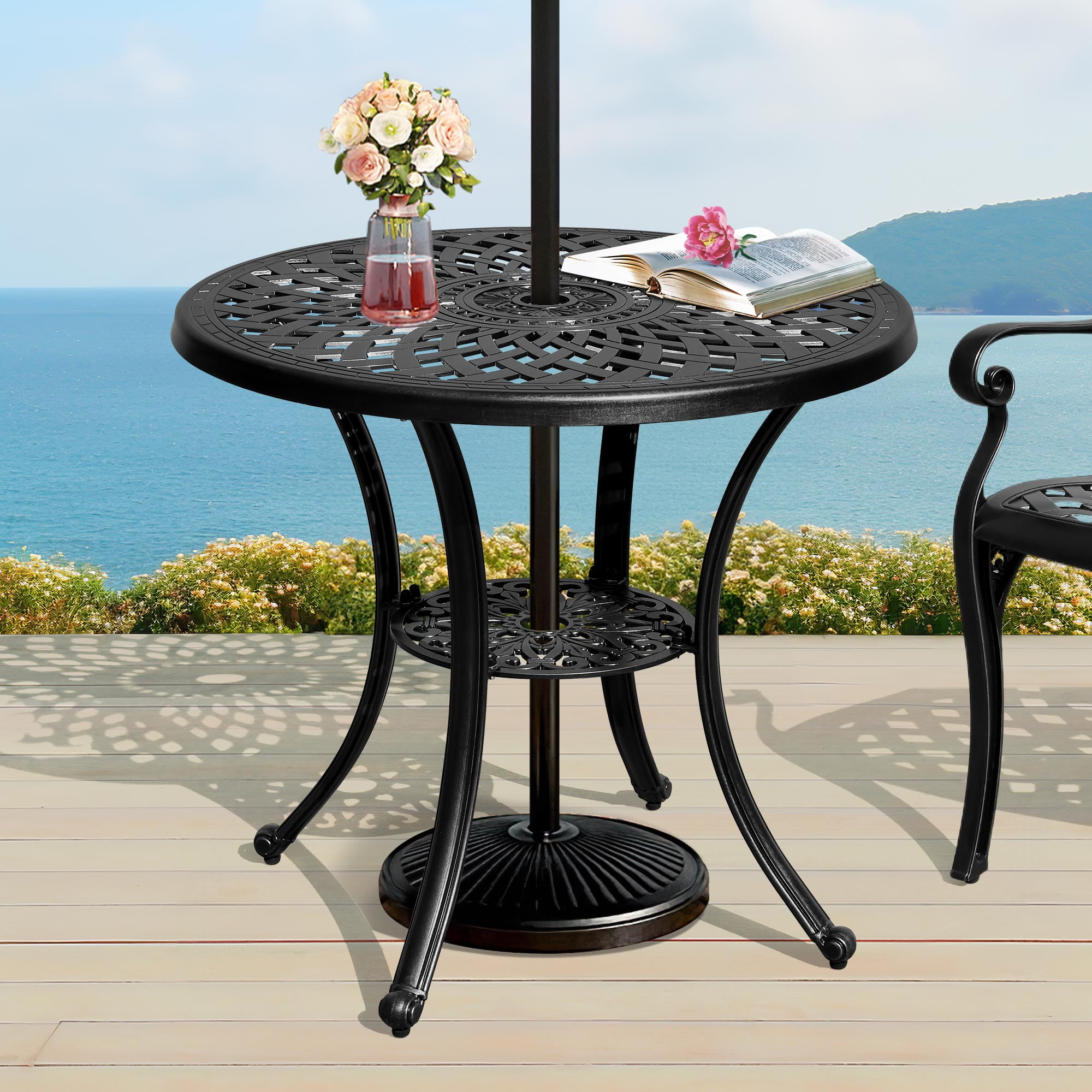 Free Shipping Dextrus 30in Patio Retro Round Cast Aluminum Dining Table with Umbrella Hole Outdoor Bistro Table Side Table Black Walmart