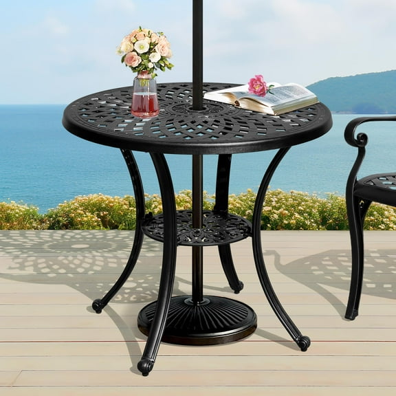 Dextrus 30in Patio Retro Round Cast Aluminum Dining Table with Umbrella Hole, Outdoor Bistro Table Side Table - Black
