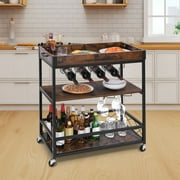 Dextrus 31" Mobile Bar Cart with Removable Countertop Container, 3-Tier Kitchen Serving Cart with Wine Rack and Glass Holder, Rolling Kitchen Cart with Drawer for Home, Bar, Kitchen