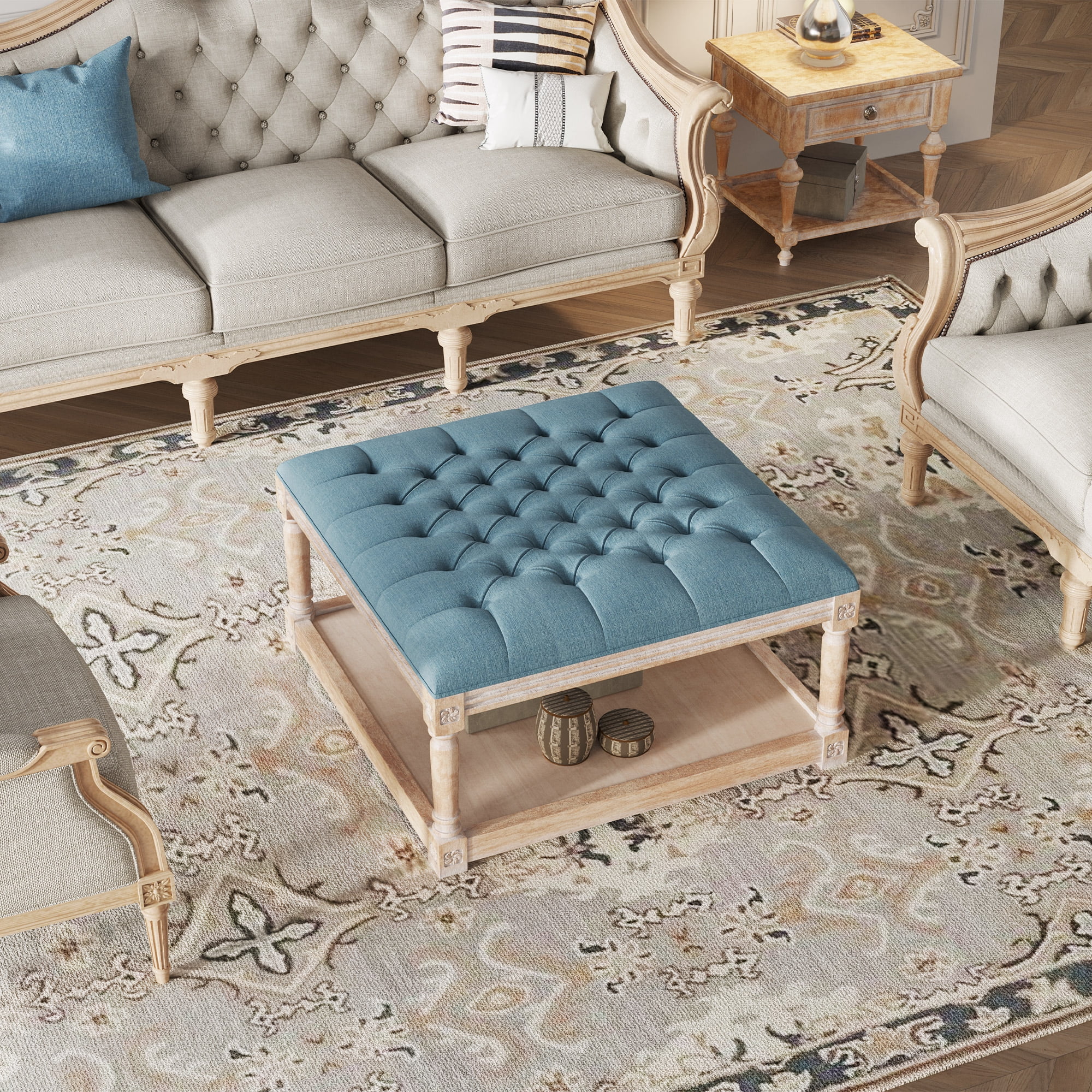 Dextrus 31" Tufted Ottoman, Modern Upholstered Linen Fabric Ottoman