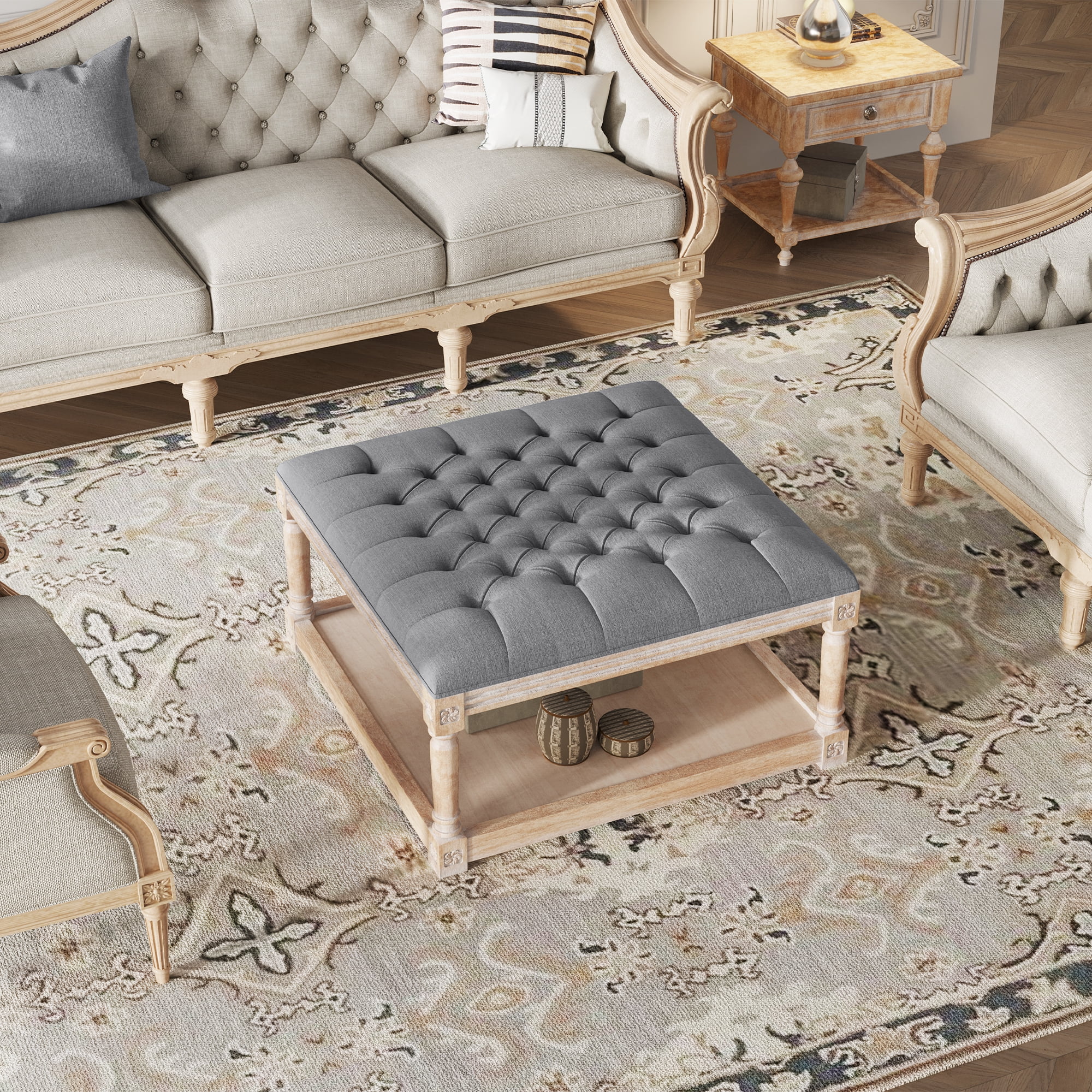 Dextrus 31" Tufted Ottoman, Modern Upholstered Linen Fabric Ottoman with Storage Shelf, Sofa Footrest Extra Seating for for Bedroom, Living Room, Entryway, Gray