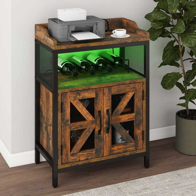 DEXTRUS Wine Bar Cabinet with Power Outlet & LED Lights, Home Bar Unit with Door and Wine Rack, Rustic Brown