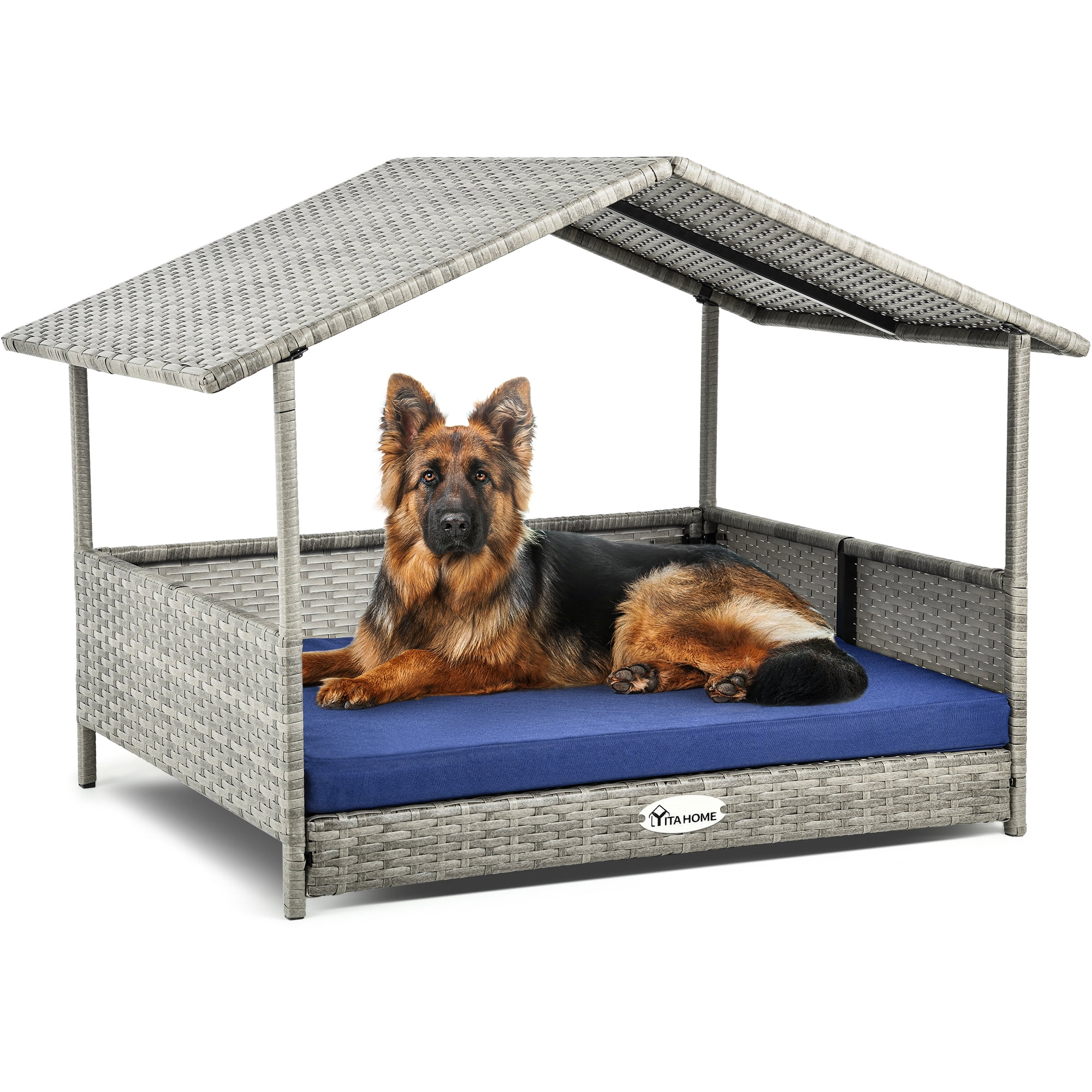 Dextrus 32.9in Large Wicker Dog House with Cushion Outdoor Indoor