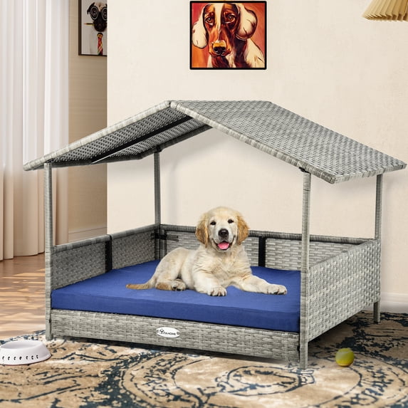 Dextrus 32.9in Outdoor Rattan Dog House with Canopy, Water-Resistant Dog Bed with Blue Cushion for Small, Medium, Large Dogs