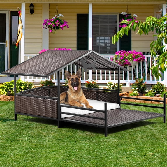 Dextrus 32.9in Outdoor Rattan Doghouse with Canopy, Elevated Water-Resistant Dog Bed with Beige Cushion for Small, Medium, and Large Dogs,Brown