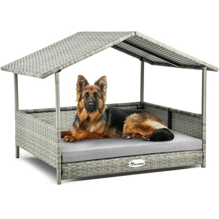 Dextrus 32.9in Outdoor Rattan Doghouse with Canopy, Elevated Water-Resistant Dog Bed with Gray Cushion for Small, Medium, and Large Dogs