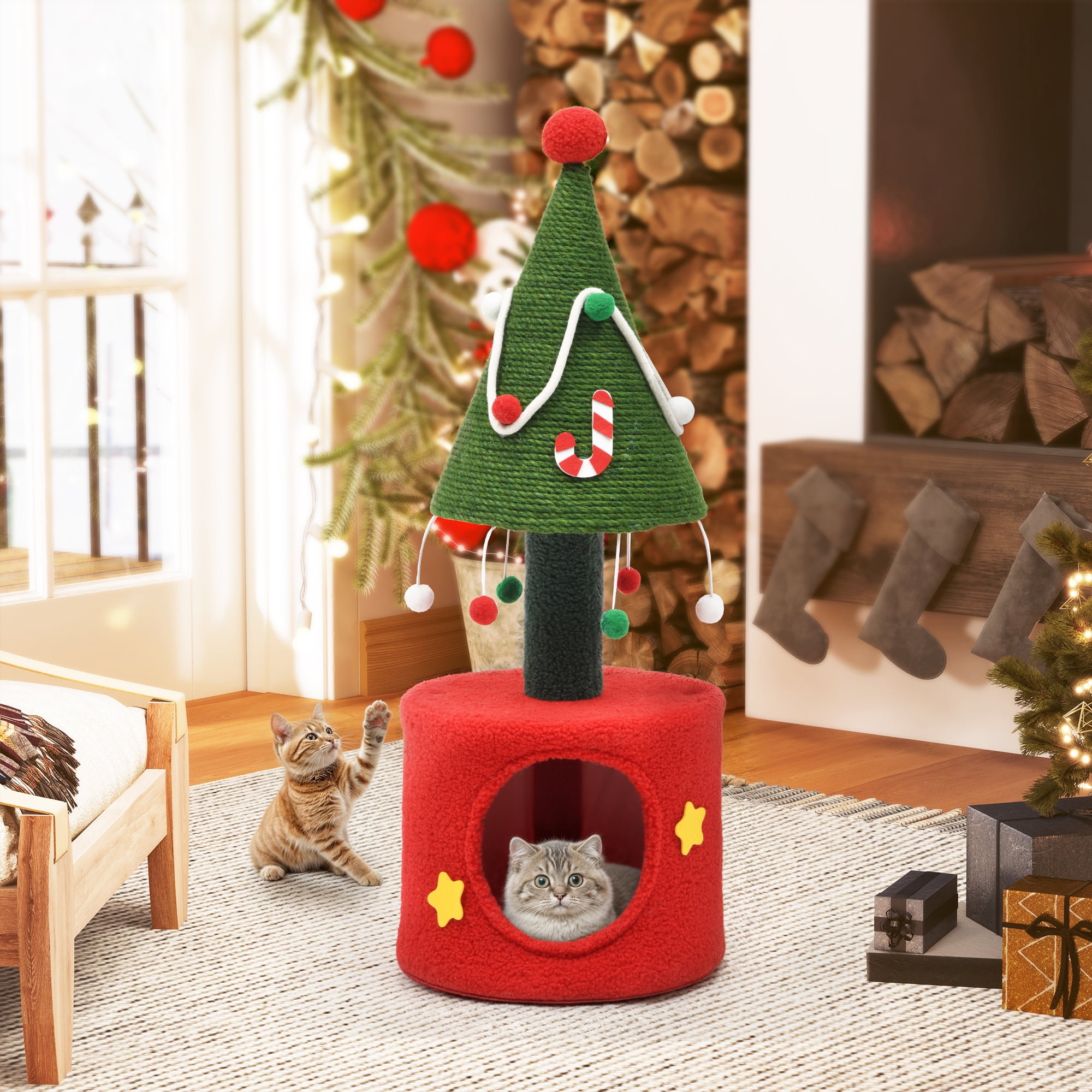 Festive Green and Red Sisal Christmas Cat Tree with Hideaway Cave