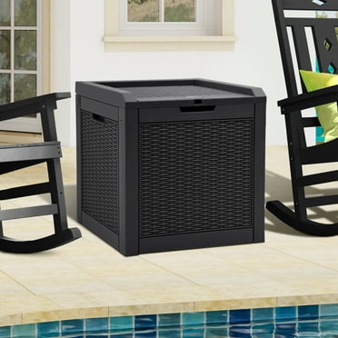Dextrus 32 Gallon Deck Box, Indoor Outdoor Storage Box for Patio Furniture, Pool Accessories, Garden Tools, Sports Equipment, Waterproof Resin Rattan with Lockable Lid and Side Handles (Black)