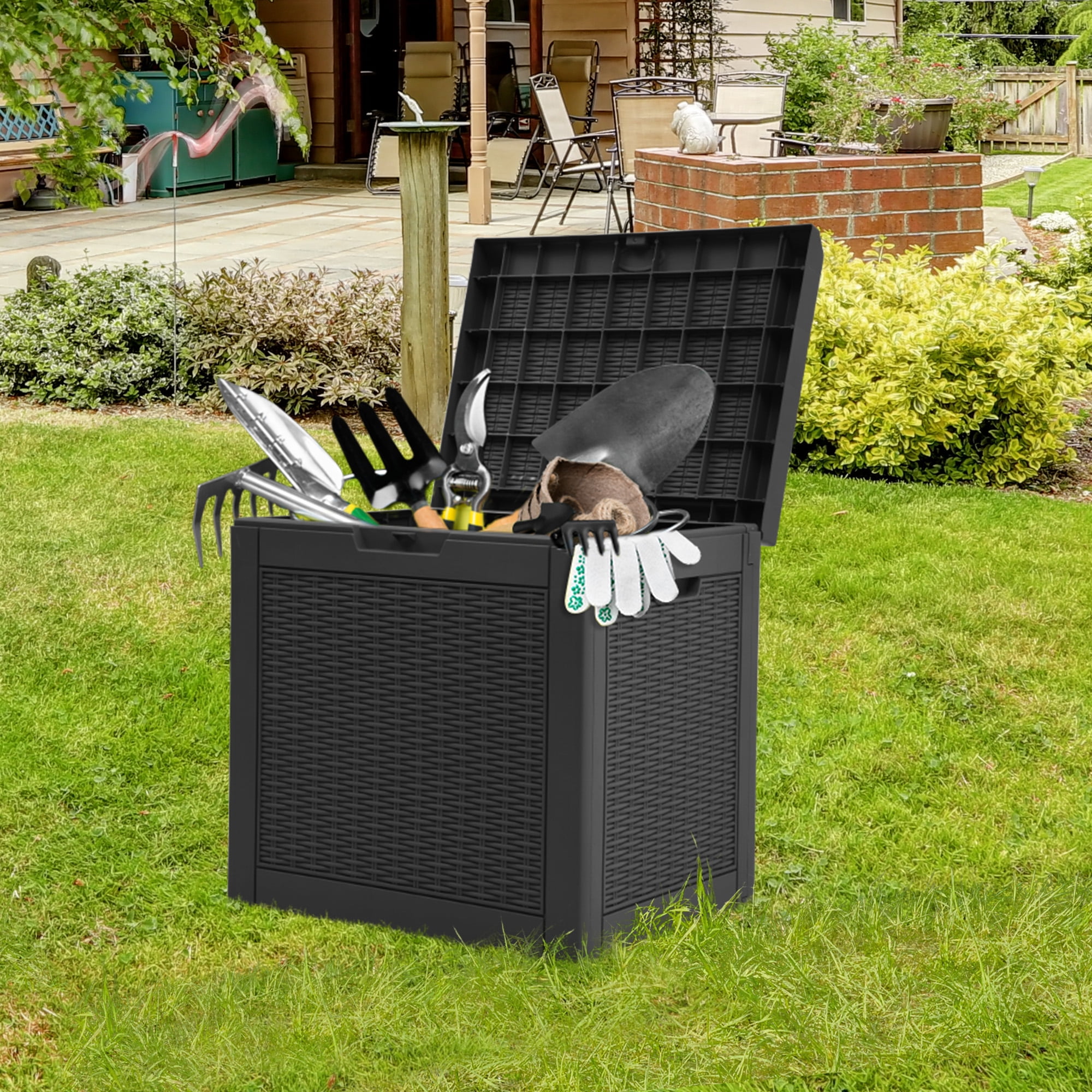 Dextrus 32-Gallon Resin Deck Box, Black Outdoor Storage, Waterproof ...