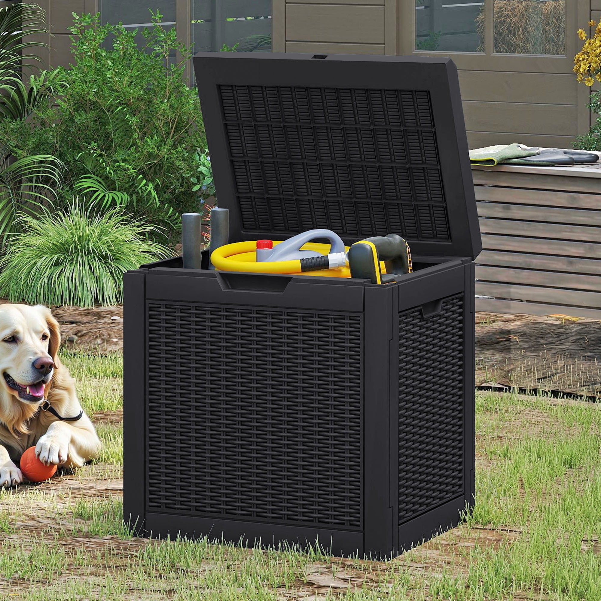 Dextrus 32 Gallon Resin Deck Box, Water Resistant Outdoor Storage Container, Lockable Multipurpose Organizer for Patio Cushions, Garden Tools & Indoor Outdoor Daily Supplies, Black