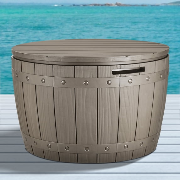 Dextrus 33 Gallon Waterproof Resin Outdoor Storage Box, Lightweight Round Deck Box for Patio Furniture, Cushions, Pool Accessories, and Toys, Easy Assembly - Light Brown