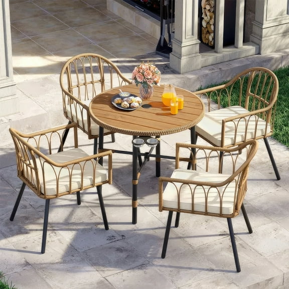 Dextrus 35.6in Outdoor Patio Table, Round Bistro Table with Umbrella Hole,Dining Table - Beige